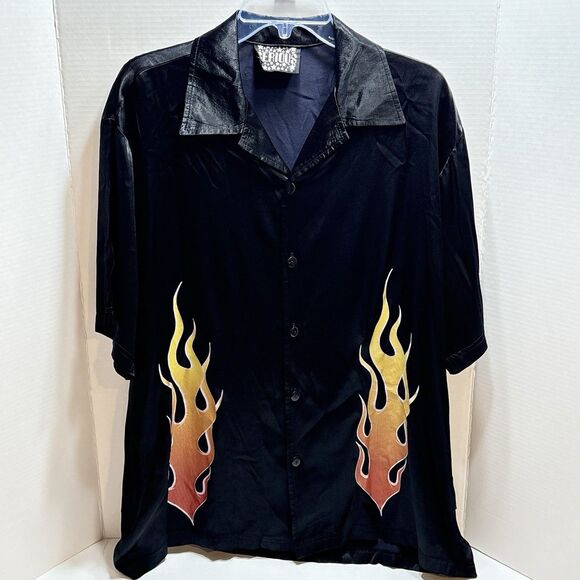 Other - VTG Serious Clothing LA Y2K Flame Panel Bowling Shirt XL Mall Goth Hot Rod Satin